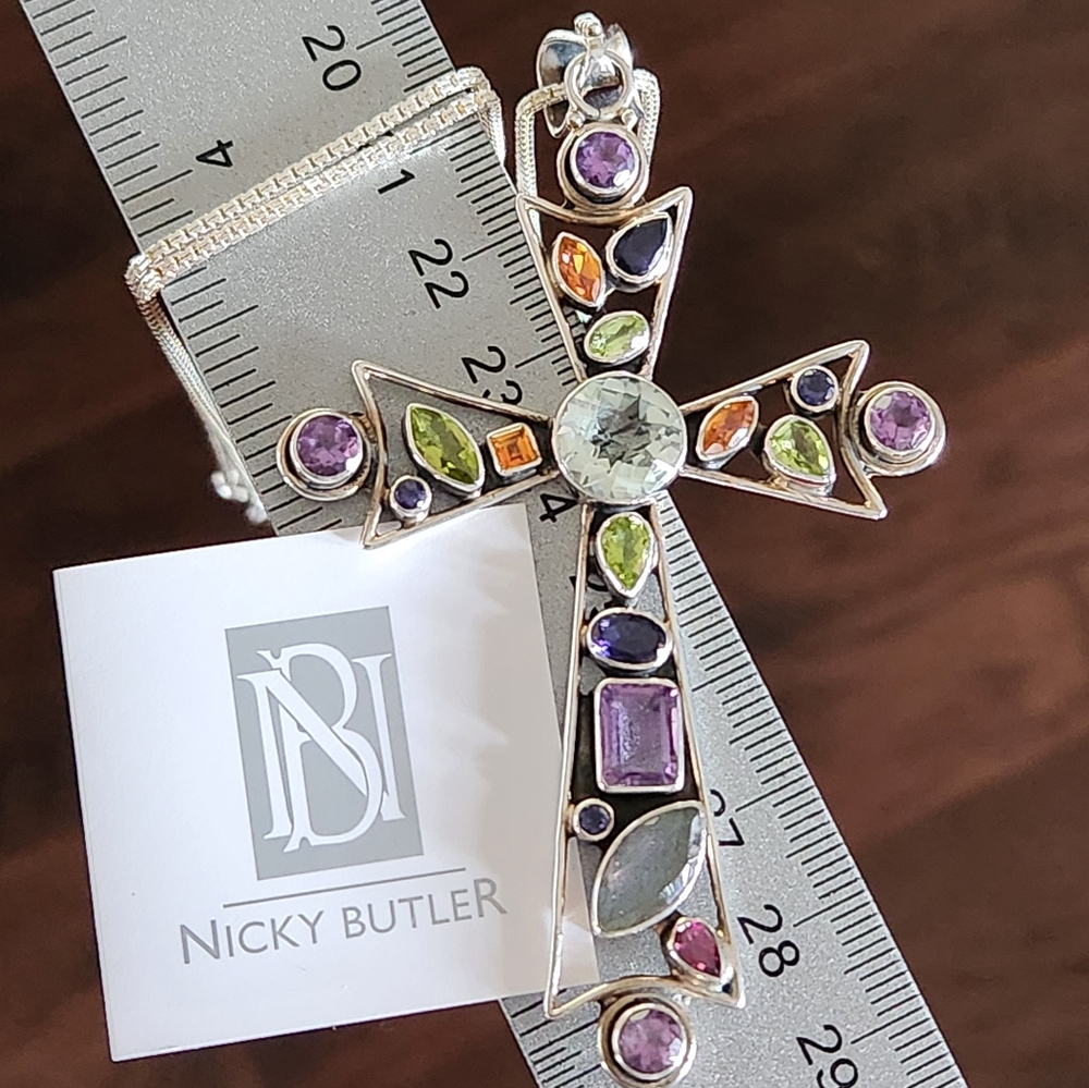 NICKY BUTLER 925 Sterling Silver Cross Pendant Necklace Prasiolite Designer NB